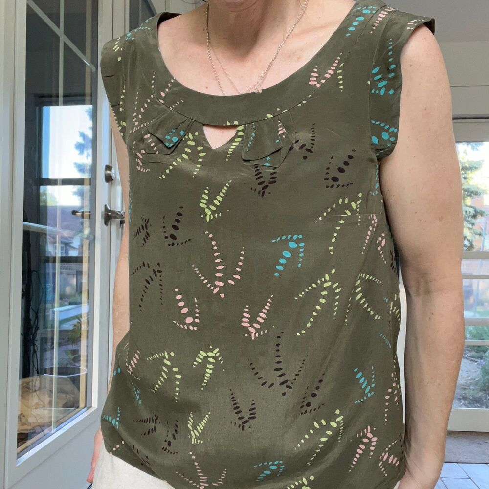 Olive Silk Tank with Flutter Sleeve Womens 6